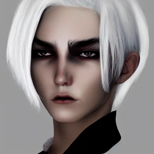 Prompt: Young woman, white hair, black eyes, pointy ears, pale skin, trending on artstation