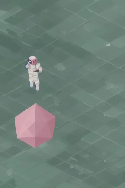 Image similar to A pastel pink low poly astronaut in an pastel green isometric room. .