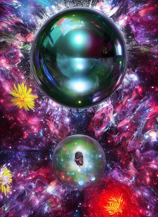 Image similar to An epic fantastic realism comic book style painting of the most beautiful flowers launched across the dark cosmos, bouquets, perfect shiny iridescent silver spheres, fisheye lens, unreal 5, DAZ, hyperrealistic, octane render, dynamic lighting