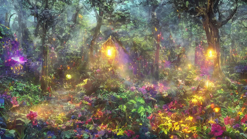 Image similar to candy forest, cinematic scene, studio lighting, low poly, colorful, fantasy, fireflies, flowers, halloween, fairytale, ( matte painting, concept art, medium shot, trending on artstation )