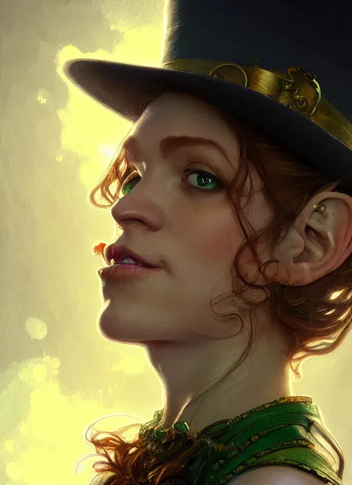 Image similar to portrait of leprechaun, intricate, elegant, highly detailed, digital painting, artstation, concept art, smooth, sharp focus, illustration, art by artgerm and greg rutkowski and alphonse mucha, 8 k