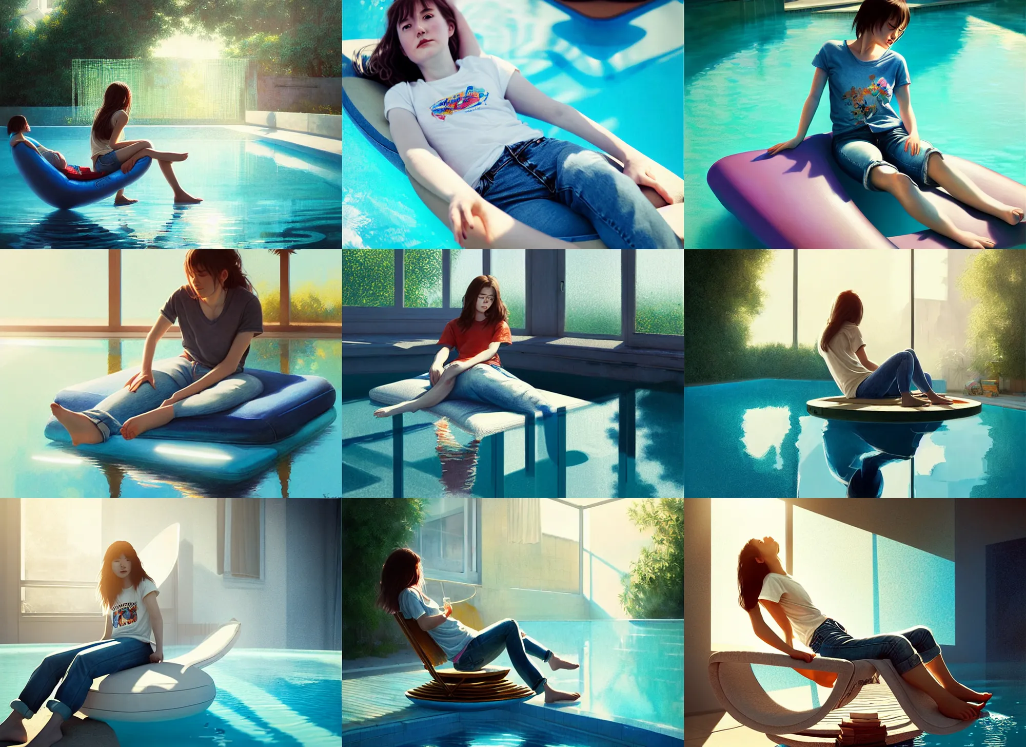 Prompt: girl relaxing in jeans and a t - shirt on a floating pool chair, sunny, bright, reflections, intricate, sharp focus, lens flare, bloom, illustration, highly detailed, digital painting, concept art, matte, art by ruan jia and wlop and greg rutkowski, masterpiece