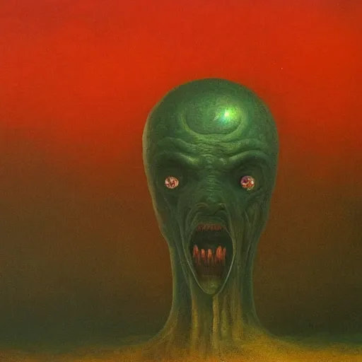 Image similar to Painting in a style of Beksinski featuring a giant alien crying. Pain and suffering in the background