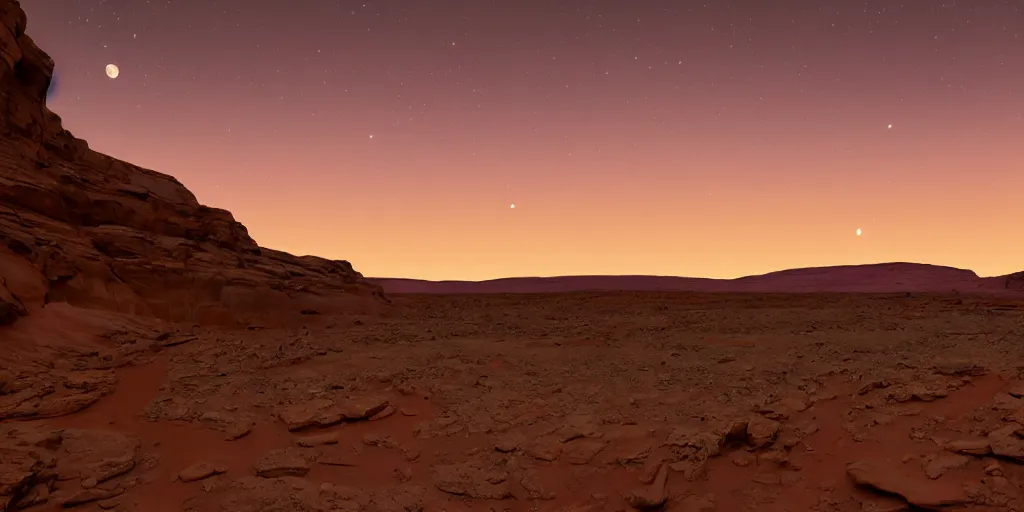 Image similar to a view looking out of a cave of a dried up river bend running through a canyon surrounded by desert mountains at sunset on mars, purple sky, two moons, planet mars, moab, utah, a tilt shift photo by frederic church, trending on unsplash, hudson river school, photo taken with provia, national geographic photo