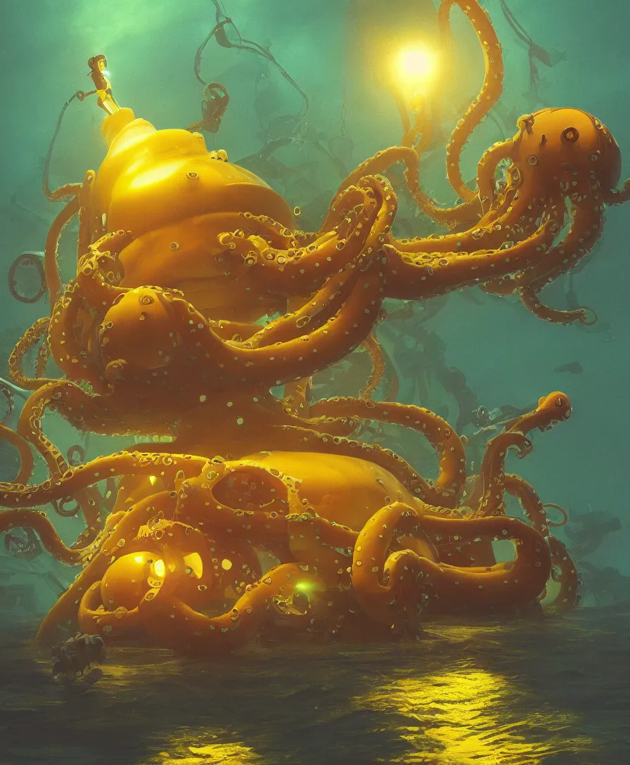 Image similar to giant octopus grabbing a submarine a yellow submarine underwater, illustrated by simon stalenhag and gaston bussiere, beautiful volumetric lighting style atmosphere, intricate, ultra detailed, photorealistic imagery, trending on artstation, octane render, 8 k