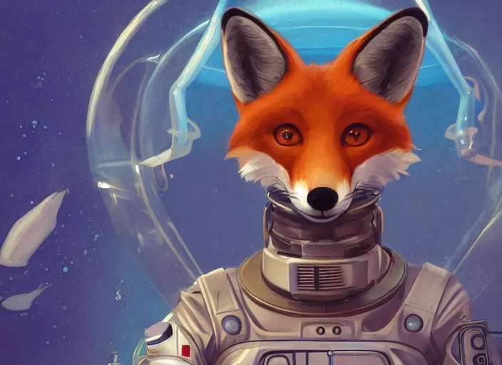 Image similar to An anthropomorphic fox as a retrofuturistic astronaut, helmet with led lights, underwater in the ocean at night, clear water, volumetric lighting, glowing lights, 4k, octane, digital painting, artstation, concept art, cinematic film, sharp focus, illustration, art by artgerm and greg rutkowski and alphonse mucha , wide angle view,