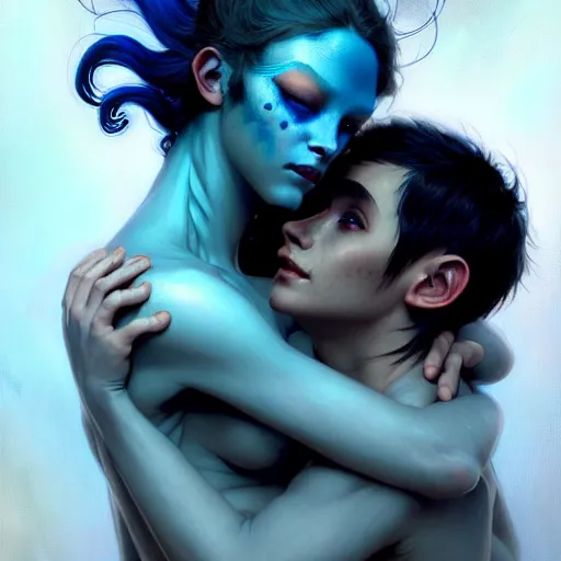 Prompt: A portrait of an alien girl with blue skin and horns embracing a human boy, romance novel cover, face, fantasy, intricate, elegant, highly detailed, digital painting, artstation, concept art, smooth, sharp focus, illustration, art by Krenz Cushart and Artem Demura and alphonse mucha