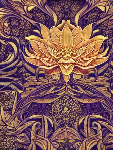 Image similar to golden lotus flowers on dark background, ornamental, symmetry, color harmony, golden ratio, william morris, hokusai, trending on artstation, character design, detailed, intricate, hypermaximalist, elegant, ornate, luxury, elite, atmospheric, matte painting, wide shot, two heads