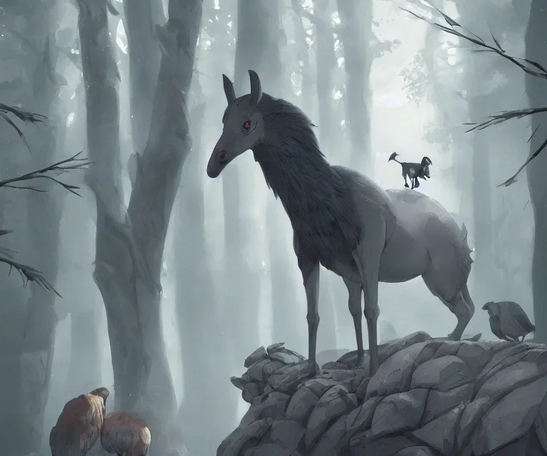 Prompt: a new animal inspired by horse and shoebill, digital art made by makoto shinkai, lois van baarle, greg rutkowski and jakub rebelka, highly detailed, symmetrical, extremely coherent, smooth, shaped focus, dystopian gray forest background