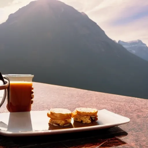 Image similar to beautiful breakfast with mountain view and laptop