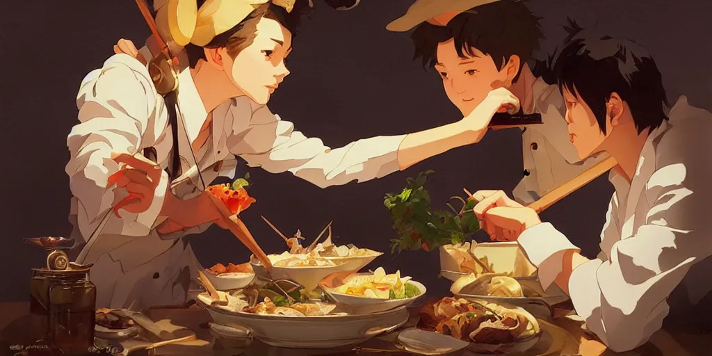 Image similar to amazing food, in the style of studio ghibli, j. c. leyendecker, greg rutkowski, artem