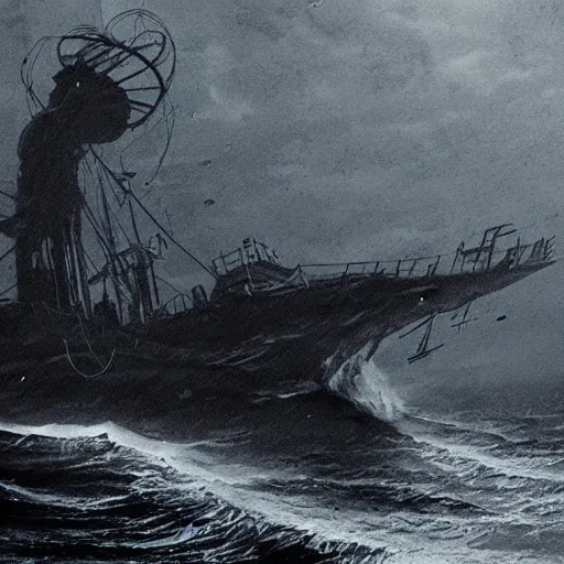 Image similar to an old ship on the bottom of the ocean that sunk long ago. mysterious, intimidating, haunted. horror movie screencap. epic. trending on artstation