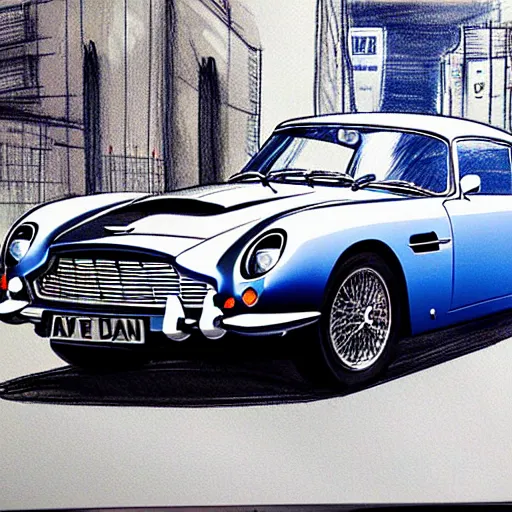 Prompt: a marker pen sketch of an aston martin db 5, in a rich london business district street, medium range, studio ghibli, ( pixar ) and disney animation, sharp, very detailed, bloom, high resolution, anime key art by greg rutkowski