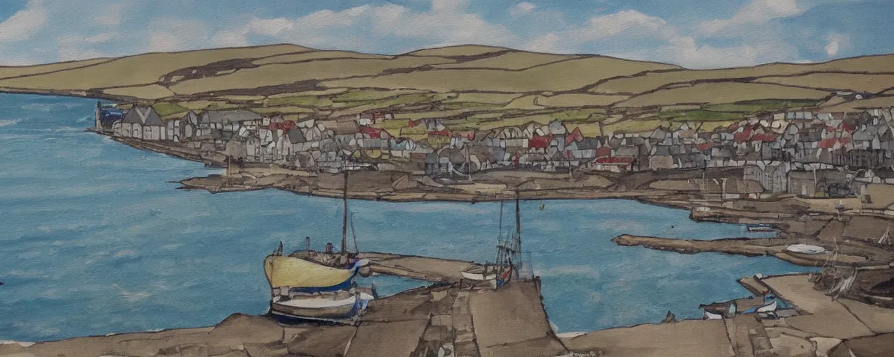 Prompt: a painting of the harbour at Stromness orkney, organic, earthy, natural, lush, flowing