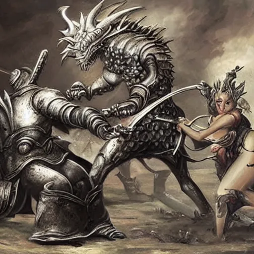 Image similar to woman barbarians slaying a silver dragon