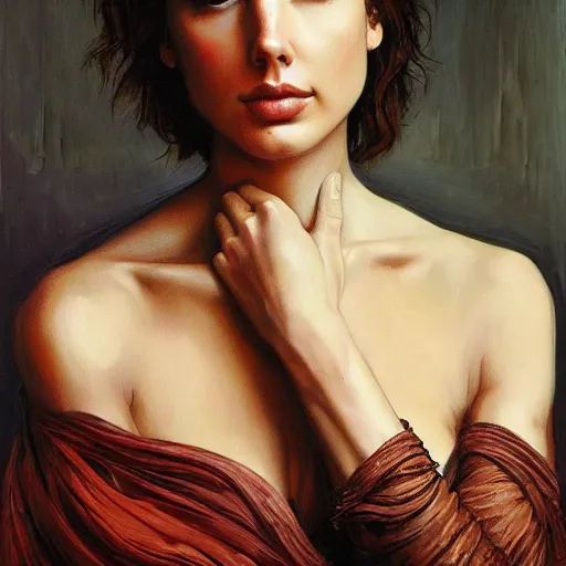 Prompt: Oil painting the beautiful woman Gal Gadot, she has withe old cloths, she is wearing surreal ornates, naturalism, dramatic lighting, high-detailed oil painting by Ilya Repin, Michelangelo da Caravaggio, William Blake, Alex Grey and Beksinski, trending on Artsatio, masterpiece, 4k, 8k,