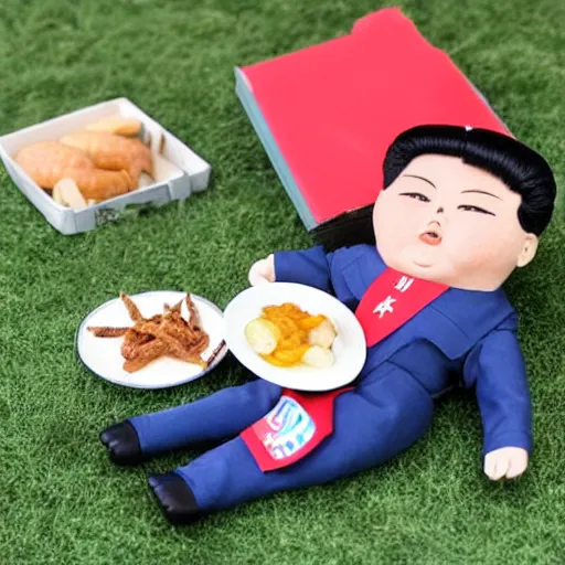 Prompt: screaming kim jong un doll having a picnic with jimin doll