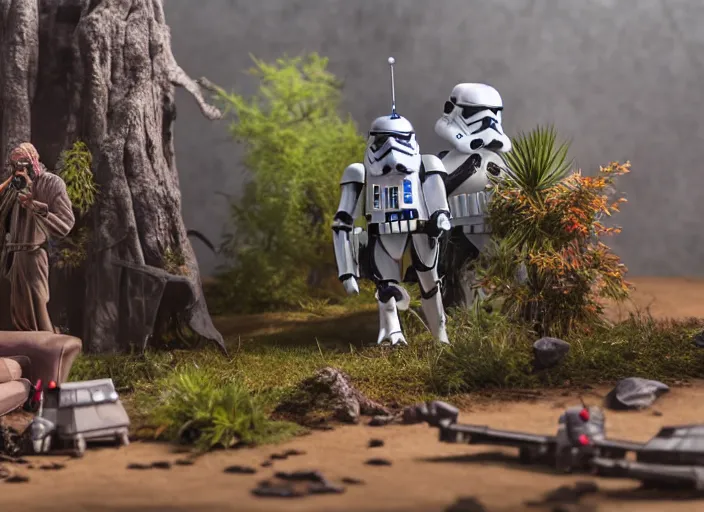 Image similar to a detailed photo of a realistic diorama with star wars toys, macro photography, zoom, model trees, table, studio lighting