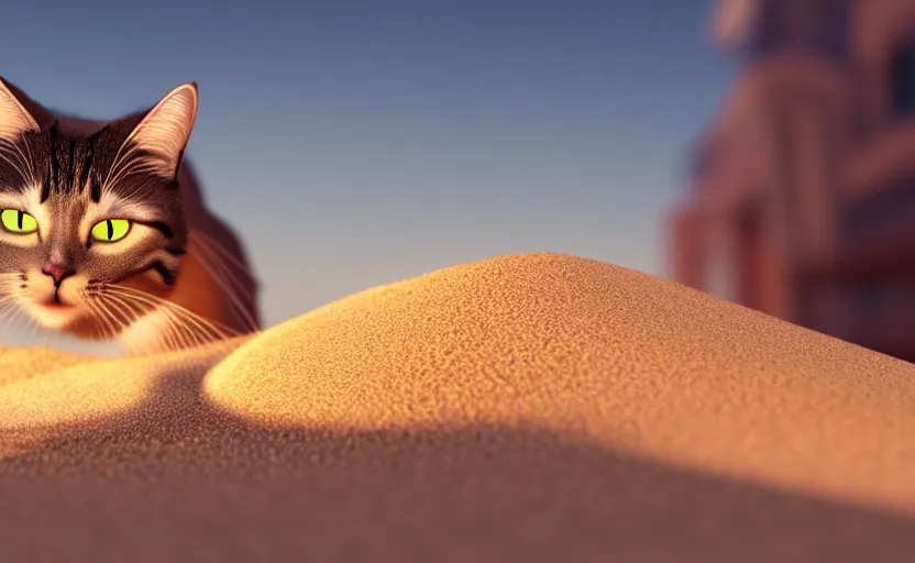 Image similar to a cat playing with sand. daylight. sunlight. lens flare. light fixtures. 8K. detailed. photorealism. artstation. 25mm f/1.7 ASPH Lens. ultra realistic