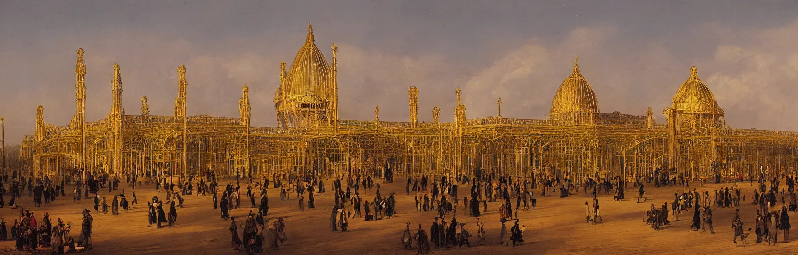 Image similar to a color photograph of the crystal palace, london exhibition of 1 8 5 1, golden hour,