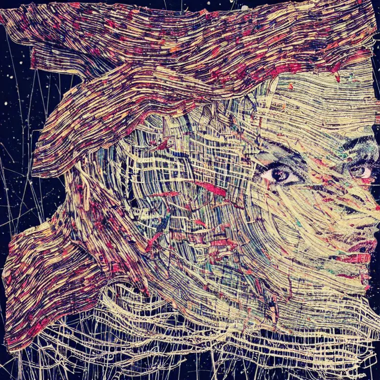 Prompt: nights falling wind is blowwing snow is pilling concept art by el anatsui and carne griffiths