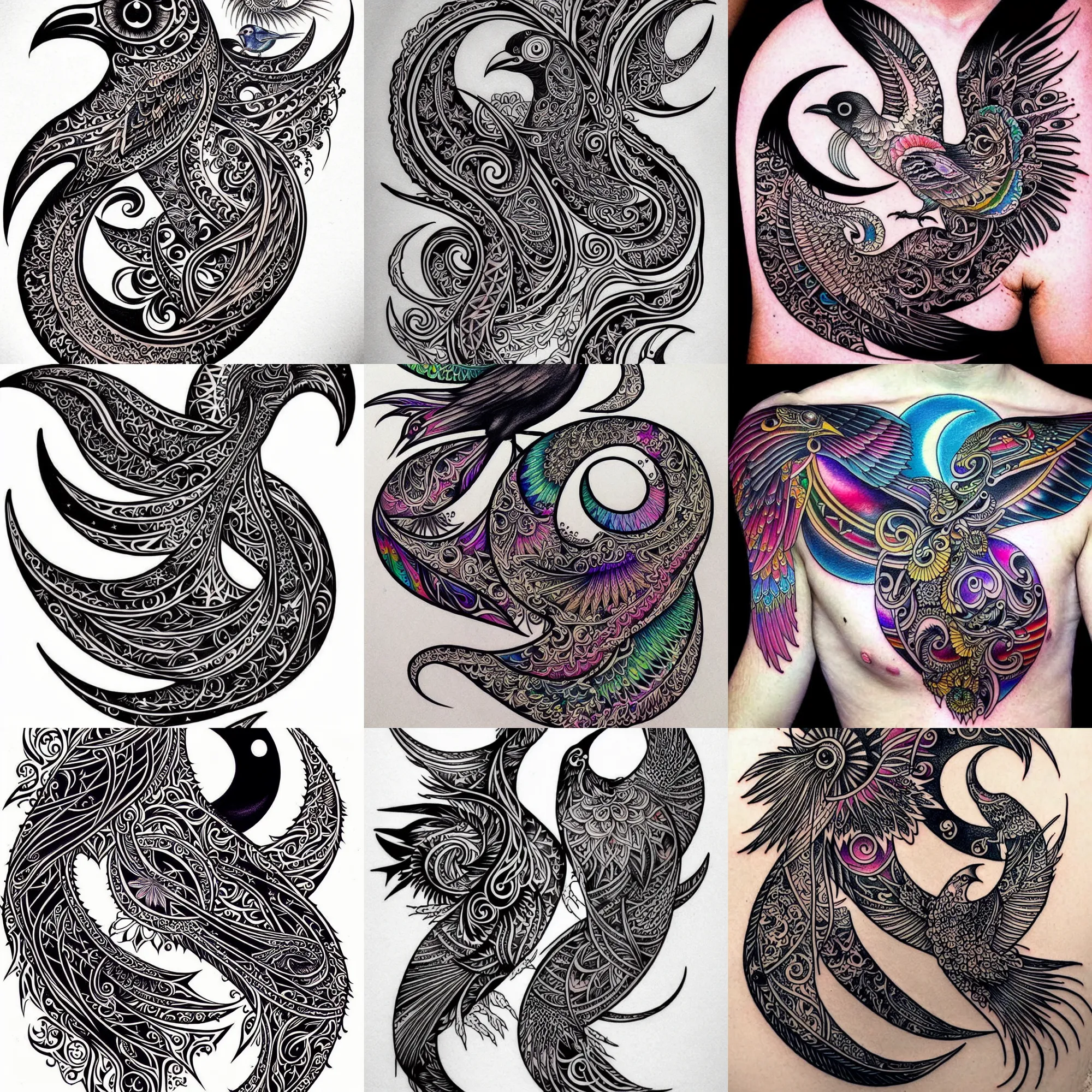 Prompt: extremely psychedelic tattoo design of black bird and crescent moon, highly detailed, intricate