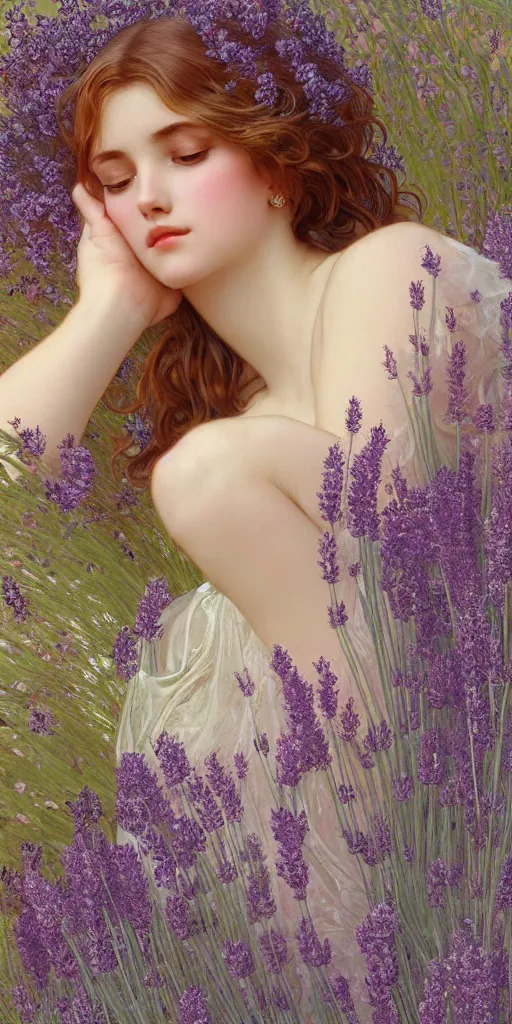 Prompt: a young nymph in an artistic resting pose covered in lace intricate translucent loosen cloths surrounded by beautiful lavender plants and meadows, highly detailed digital by artgerm, wlop, by alphonse mucha painting