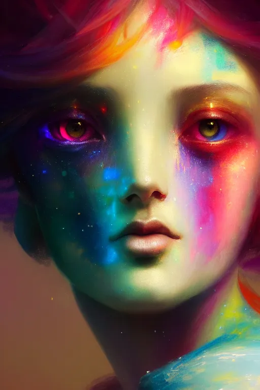 Image similar to the colorful universe can be seen thorough the eye of a beautiful woman, extremely detailed digital painting, in the style of fenghua zhong and ruan jia and jeremy lipking and peter mohrbacher, mystical colors, rim light, beautiful lighting, 8 k, stunning scene, raytracing, octane, trending on artstation