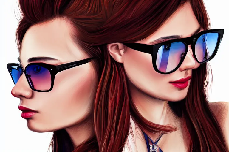 Prompt: !dream 8k UHD, high detailed, Digital drawing, Randy Bishop art style : (subject = girl wearing Ray bans shades, photo realistic, high symmetry + subject detail= beautiful, Asian, red hair, high detailed, symmetric facial features)