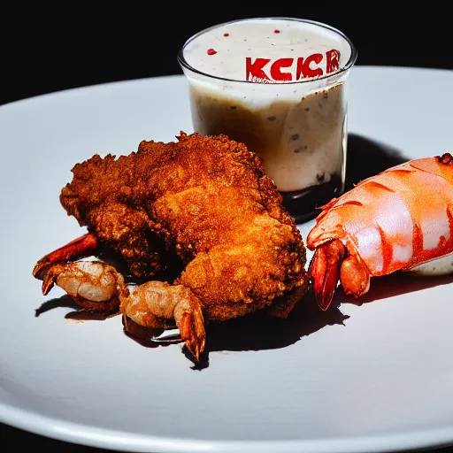 Image similar to a fried chicken milkshake with the kfc logo next to a shrimp wearing a little red dress on a plate, food photography, studio lighting, hyper realistic, sharp focus, hyper - realistic, 8 k resolution