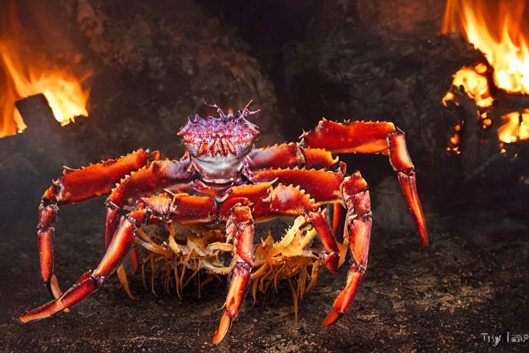 Image similar to royal king crab in his castle, in 2 0 1 2, bathed in the the glow of a fire, royalcore, low - light photograph, photography by tyler mitchell