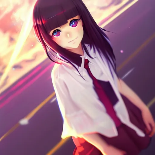 Prompt: high school girl shattering dimensions, digital anime art, wlop, sakimimichan, ilya kuvshinov, artgerm