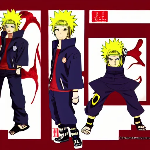 Image similar to Fusion of Naruto Uzumaki from the anime Naruto and Dante from the game Devil May Cry in the style of Araki Hirohiko, character design sheet