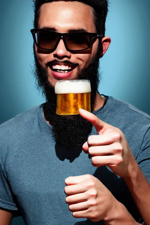 Image similar to a young man wearing raybands holding a beer giving a thumbs up with a long beard, real life skin, intricate, elegant, highly detailed, artstation, concept art, smooth, sharp focus, airbrush painted, art by ross tran