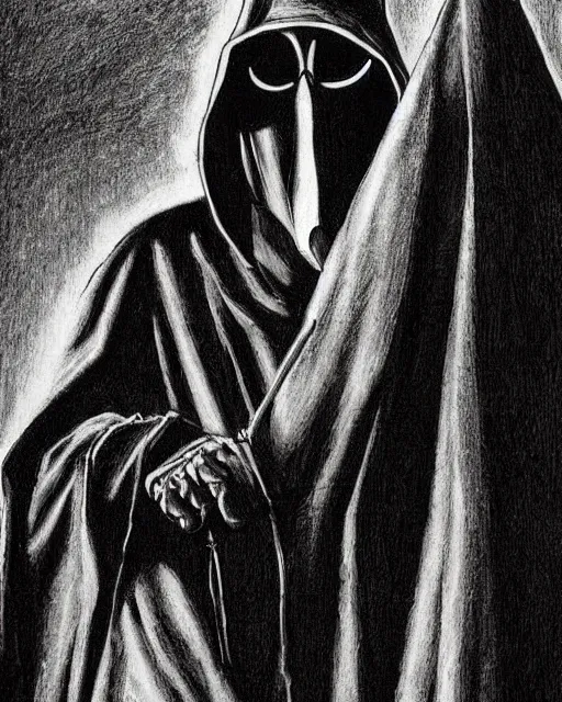 Image similar to a man in black hooded robes holding a plague doctor mask in hand, detailed art by greg rukowtski