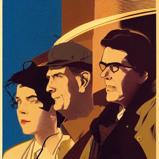 Image similar to Close-up portrait of Three engineers, a doctor, a lawyer and an economist, Joshua Middleton artwork, dramatic backlighting, golden hour, autochrome, high contrast, highly detailed, sharp focus, digital painting, concept art, illustration, cyberpunk, solarpunk, trending on artstation, art by Phil Noto and Alex Toth, composition by alphonse mucha