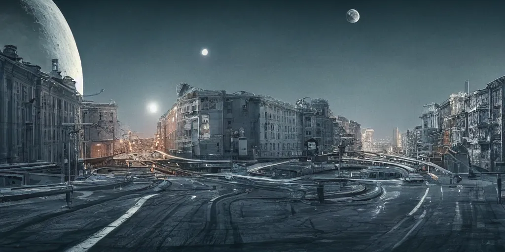 Prompt: cinematic shot of a st. petersburg city in the moon's hollow, russian orbit city cityscape, telephoto, iconic scene from the paranoid thriller sci fi film directed by stanley kubrick, anamorphic cinematography, beautiful composition, color theory, leading lines, photorealistic, moody volumetric lighting