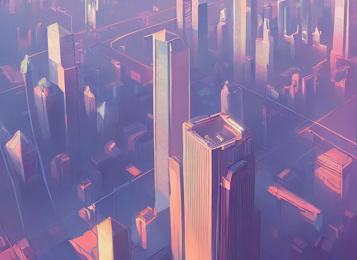 Prompt: A professional sci-fi digital painting of an art deco city viewed from the top of a skyscraper, three point perspective, by Alena Aenami, trending on Artstation