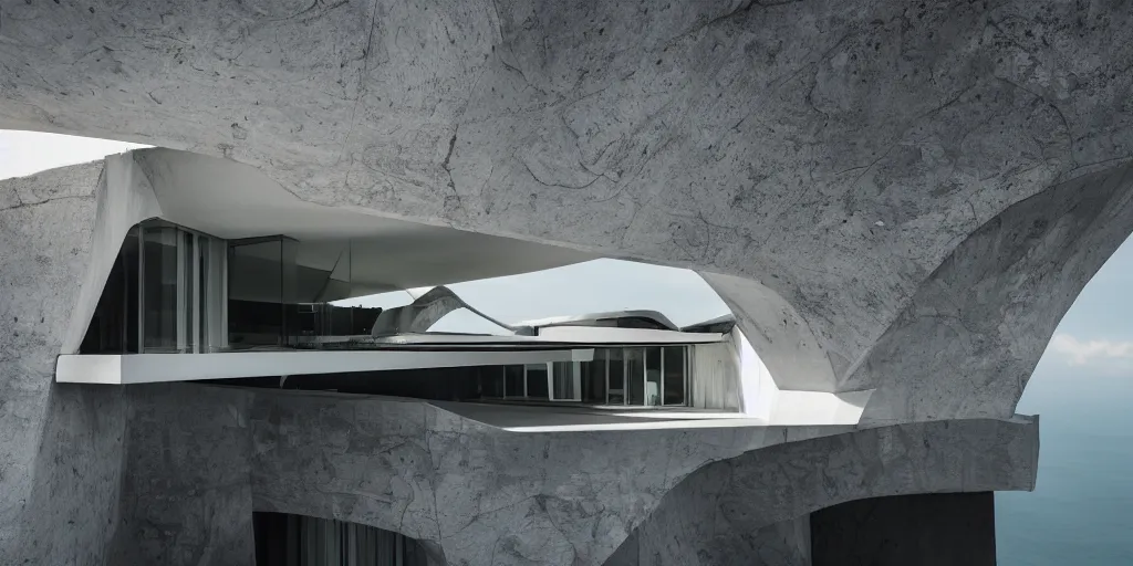 Image similar to architectural photography, modern house on top of a cliff designed by zaha hadid, wonderful masterpiece highly detailed, beautiful cinematic light deep focus, elegant, digital painting, smooth, sharp focus, golden ratio, dramatic illumination, ultra realistic, 8 k, art by artemisia lomi gentileschi and caravaggio