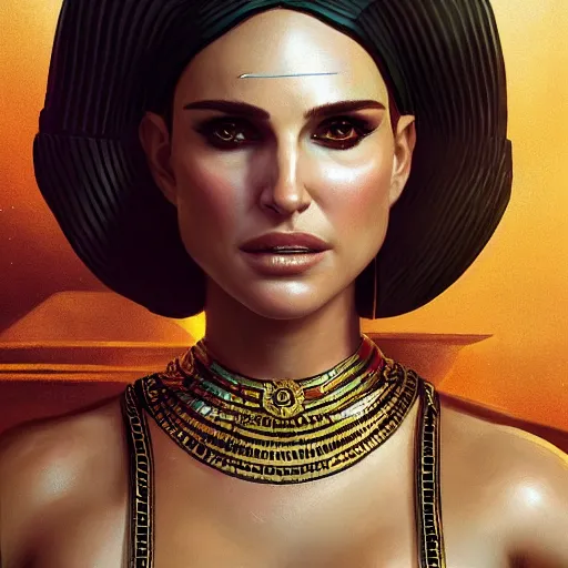 Prompt: closeup portrait of natalie portman as cleopatra, pyramid background, dramatic light, gorgeous view, depth, high detail, digital art, concept art painted by greg rutkowski, trending on artstation