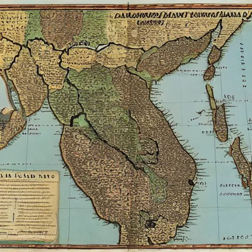 Image similar to map of mainland southeast asia, zoom in burma thailand laos cambodia and vietnam, 1 7 th century, high accuracy, based on geographical map,