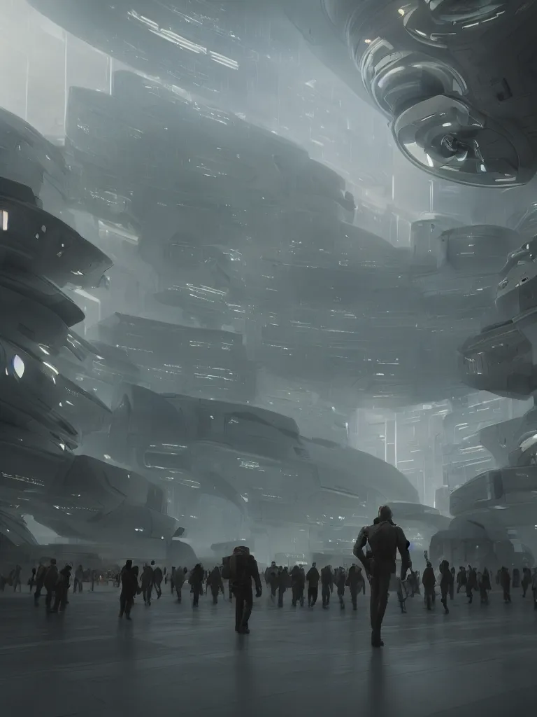 Prompt: cinematic movie scene, 200mm wide shot, precise architectural rendering, soft focus foreground textures, busy futuristic spaceport filled with people, a handsome armored scifi pilot in sharp focus in silhouette stands in the swirling dust, cinematic lighting, soft focus foreground, octane render, volumetric soft lighting, style of Stanley Kubrick cinematography, 8k