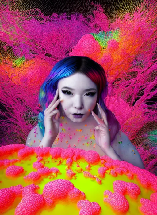 Prompt: hyper detailed 3d render like a Oil painting - kawaii Aurora (Singer) seen Eating of the Strangling network of colorful yellowcake and aerochrome and milky Fruit and Her delicate Hands hold of gossamer polyp blossoms bring iridescent fungal flowers whose spores black the foolish stars by Jacek Yerka, Mariusz Lewandowski, Houdini algorithmic generative render, Abstract brush strokes, Masterpiece, Edward Hopper and James Gilleard, Zdzislaw Beksinski, Mark Ryden, Wolfgang Lettl, hints of Yayoi Kasuma, octane render, 8k