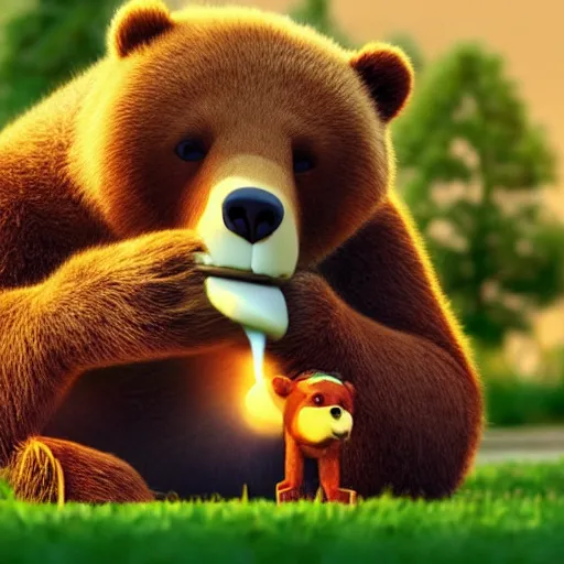 Image similar to a bear smoking a joint, pixar style, 4 k