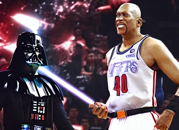 Image similar to ESPN still of Darth Vader playing in the nba playoffs live on espn, 4k