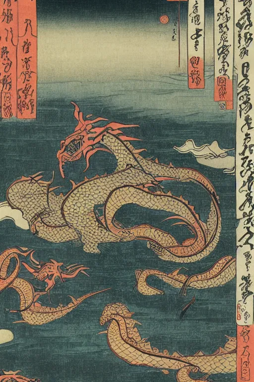 Image similar to A sea of dragons by Utagawa Kuniyoshi, ukiyo-e, nightmare ocean storm