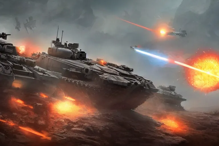 Prompt: tank battle, soldiers, lasers, science - fiction, beautiful matte painting,, unreal engine, artstation.