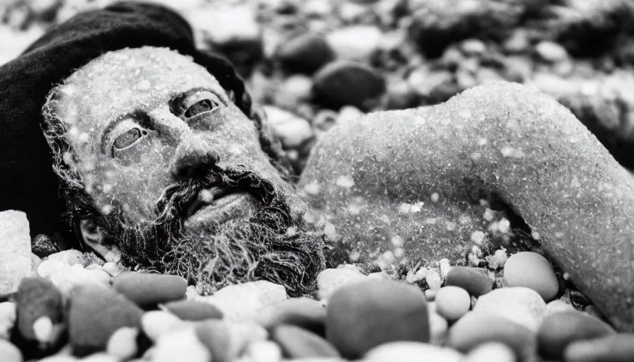 Image similar to 1 9 6 0 s movie still close up of marcus aurelius frozen to death in a river with gravel and pebbles, pine forests, cinestill 8 0 0 t 3 5 mm b & w, high quality, heavy grain, high detail, texture, dramatic light, anamorphic, hyperrealistic, foggy