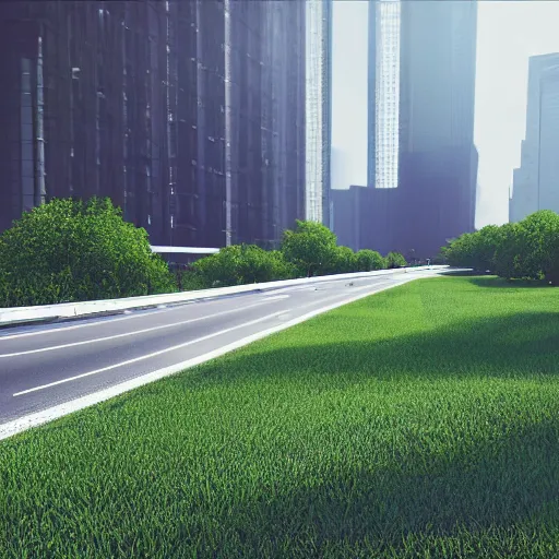 Prompt: road leading to a beautiful green modern city, octane render