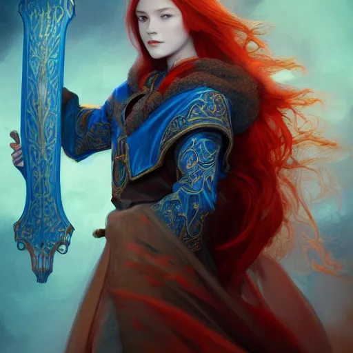 Image similar to red haired teen with a lute and cloak with many pockets with blue flames in background, dramatic, intricate, elegant, highly detailed, digital painting, artstation, concept art, smooth, sharp focus, illustration, octane render, art by Leesha Hannigan, Ross Tran, Thierry Doizon, Kai Carpenter, Ignacio Fernández Ríos